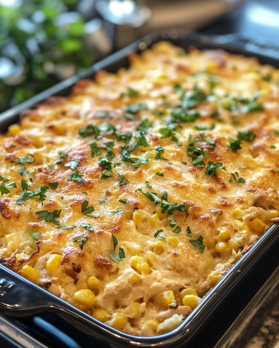 Ingredients and cream mixture for chicken and corn casserole