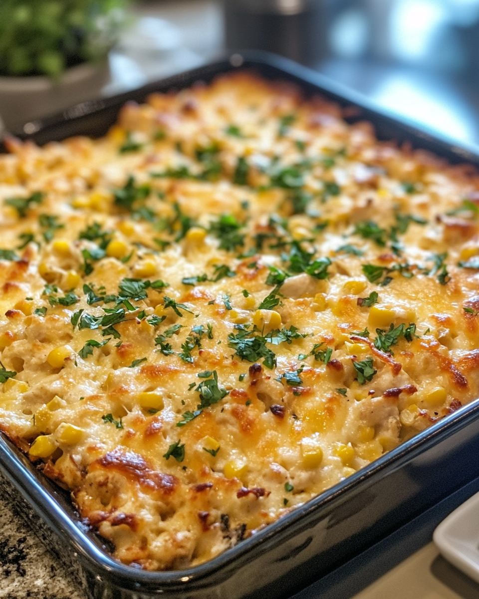 Served creamy street corn chicken casserole garnished with cilantro and cotija cheese