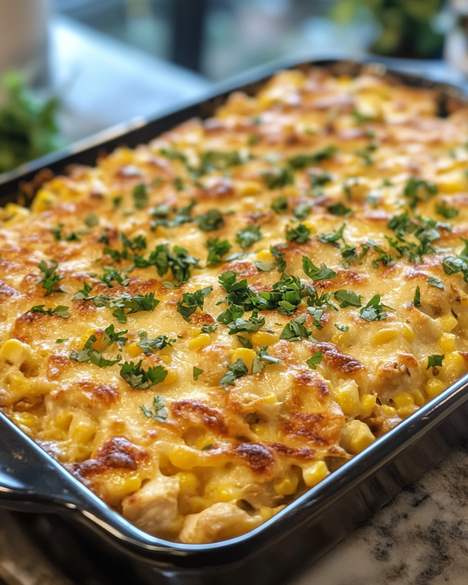 Creamy street corn chicken casserole fresh from the oven