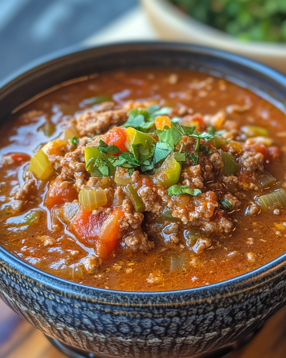 Bowl of stuffed pepper soup topped with melted cheddar cheese and chopped parsley