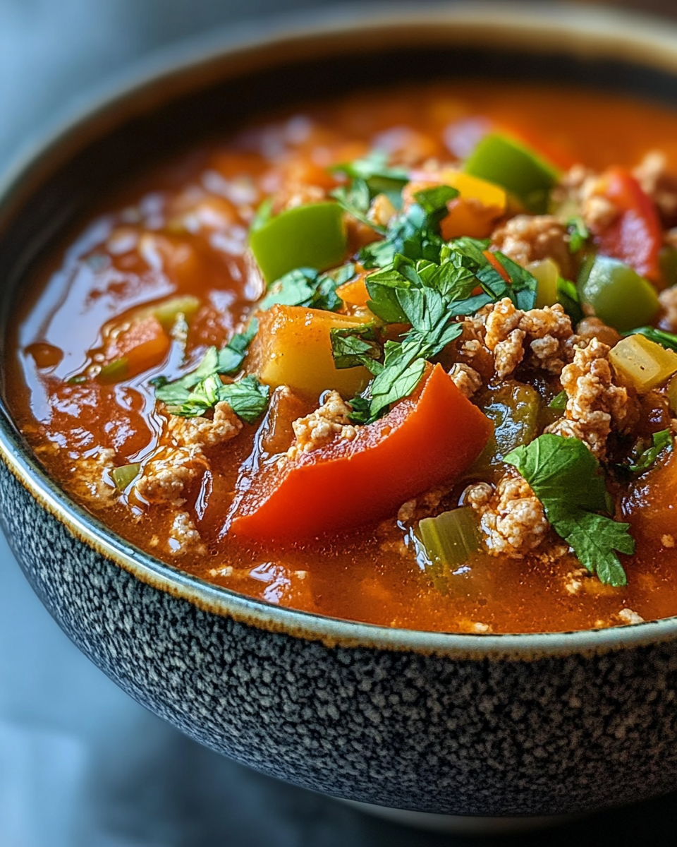 Steaming pot of stuffed pepper soup filling the kitchen with inviting aroma