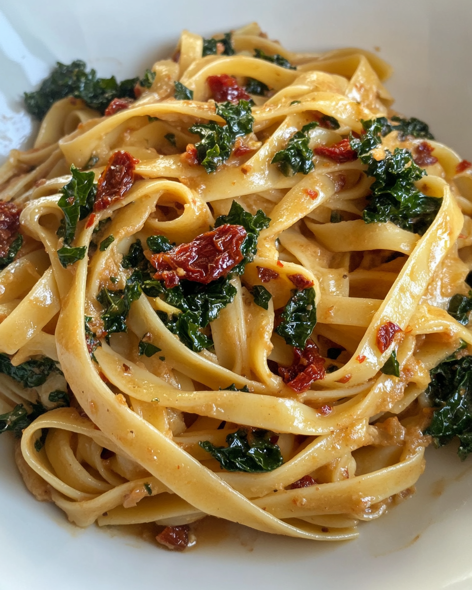 Ingredients spread for sun-dried tomato and kale pasta with white wine cream sauce