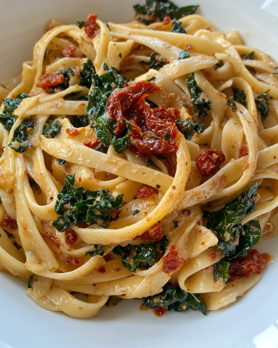 Creamy sun-dried tomato and kale pasta sauce cooking in skillet