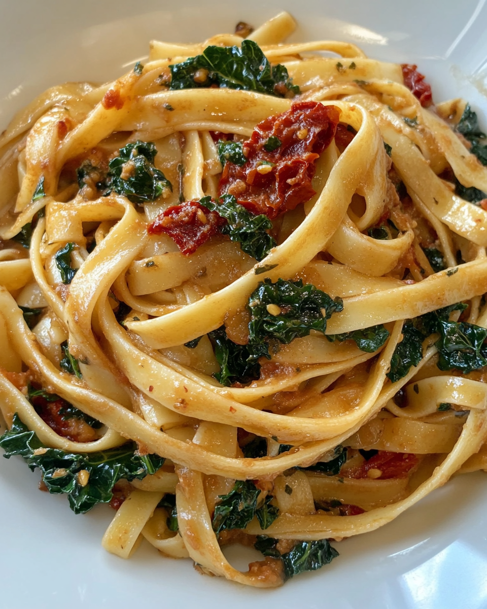 Close up of sun-dried tomato and kale pasta with white wine sauce