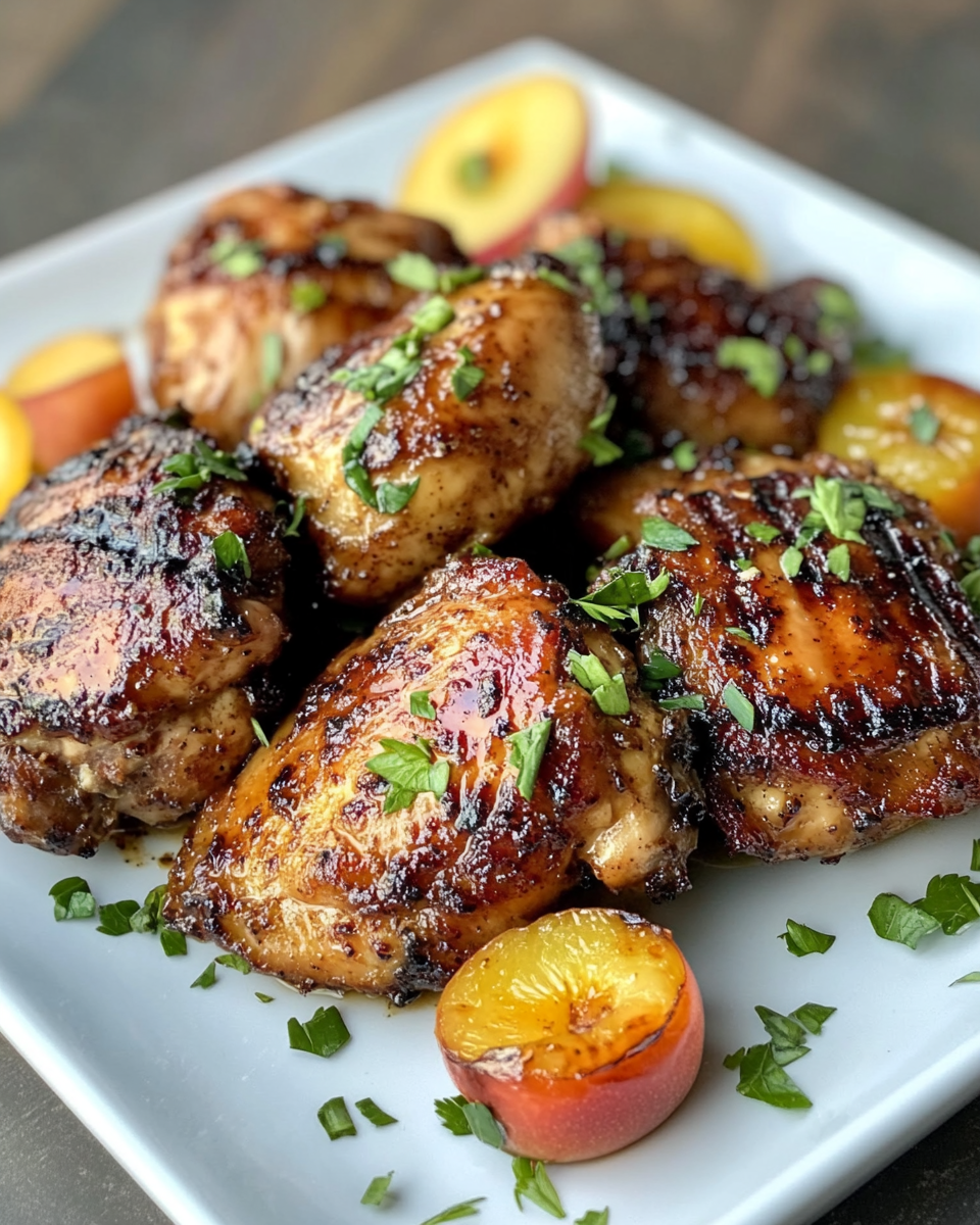 Suya spiced grilled chicken thighs with nectarines