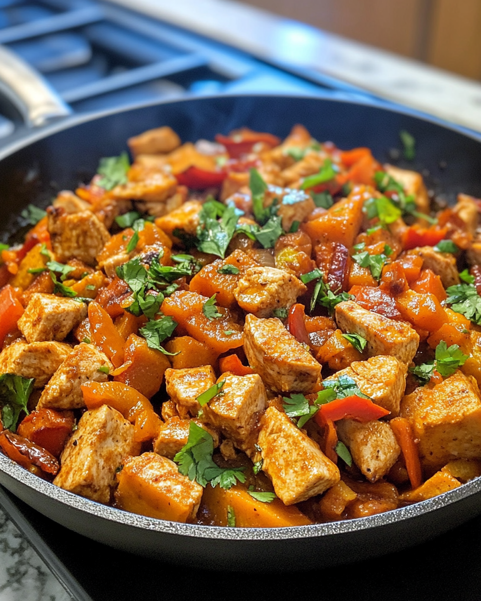 Sautéed sweet potatoes and onions cooking in a skillet during recipe preparation