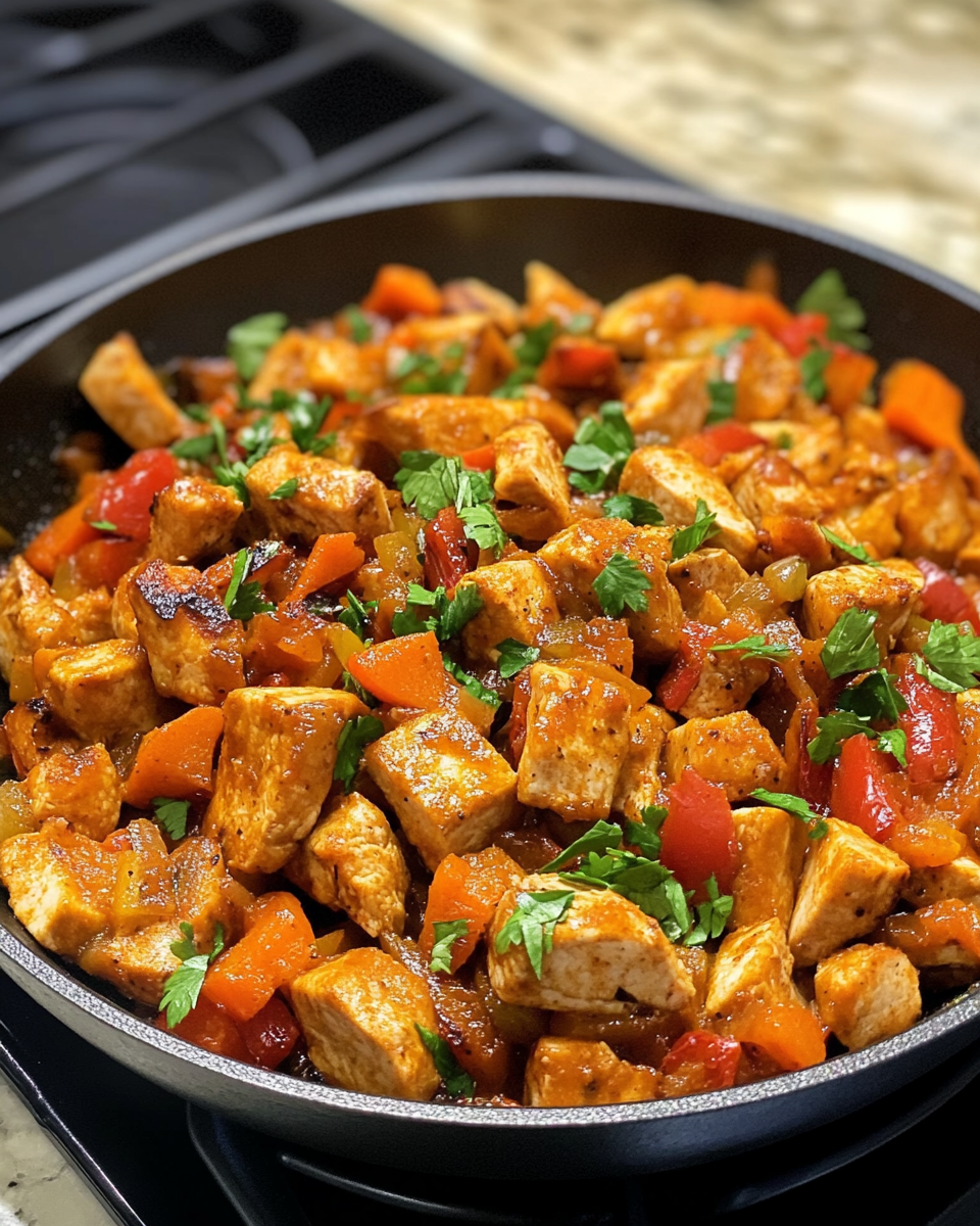 Finished sweet potato turkey pepper skillet ready to serve with toppings