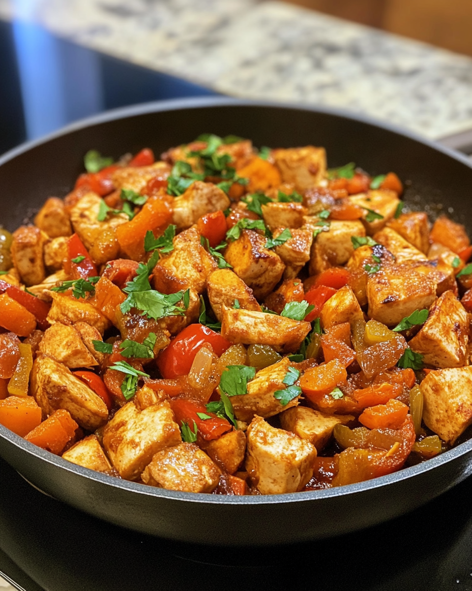 Sweet potato turkey pepper skillet cooking in a skillet with steam rising