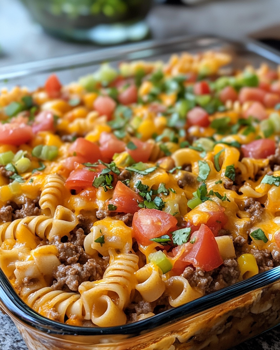 Ingredients laid out for making beef taco noodle casserole