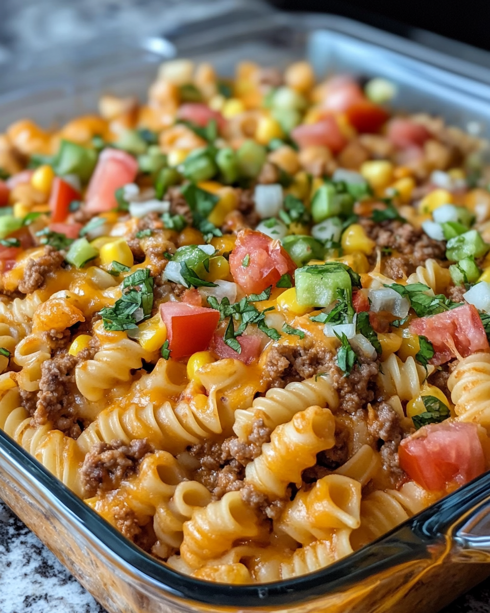 Baked beef taco noodle casserole fresh out of the oven with melted cheese