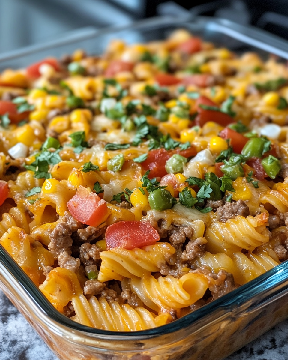 Close up of beef taco noodle casserole just out of the oven