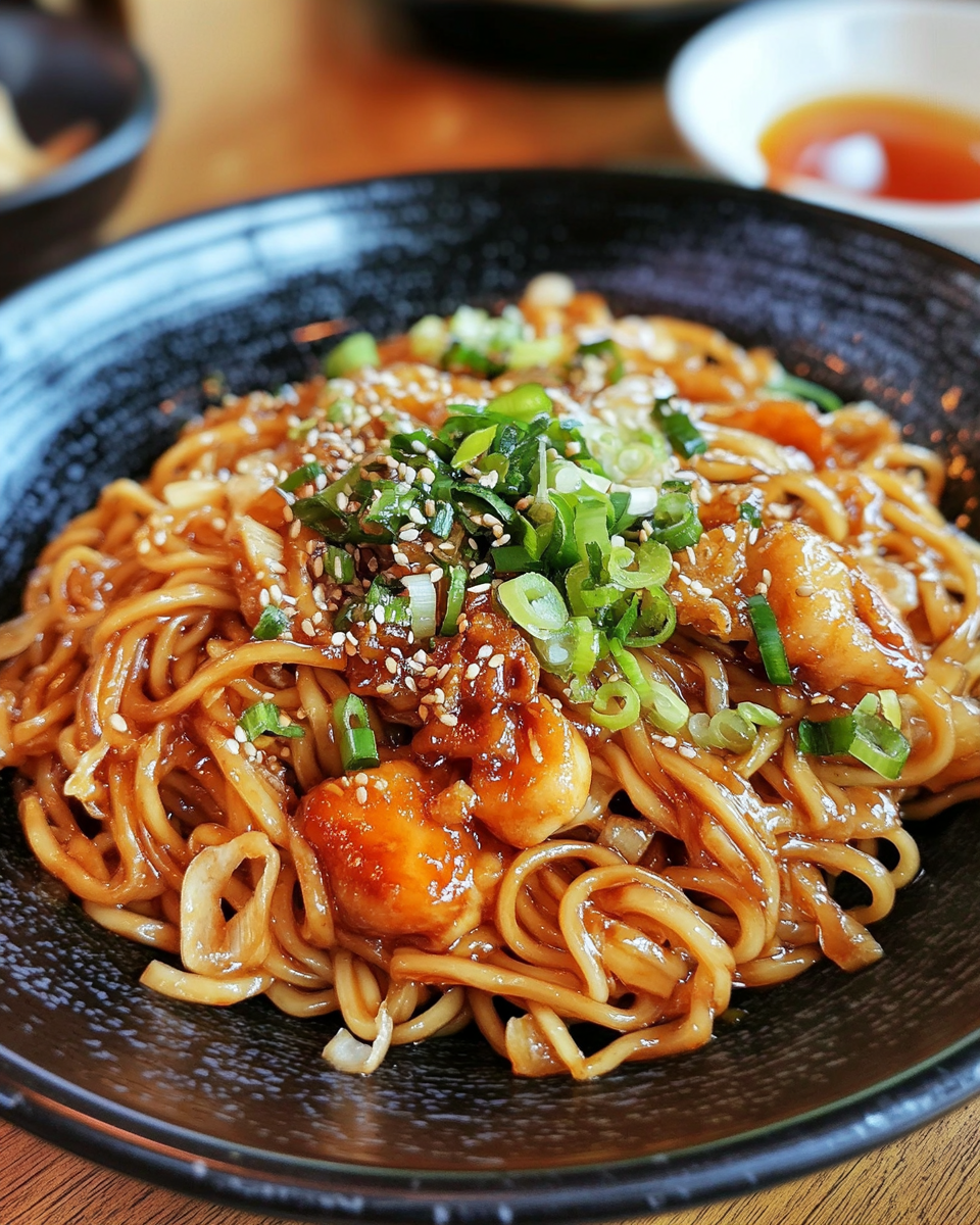 Ingredients for teriyaki noodles including soy sauce, garlic, ginger, and mushrooms
