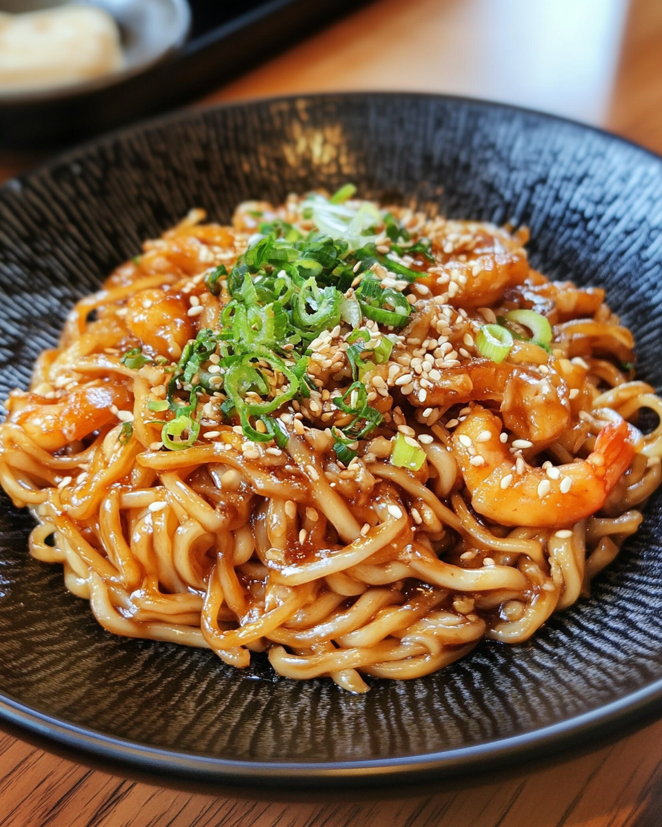 Served teriyaki noodles garnished with green onions and sesame seeds