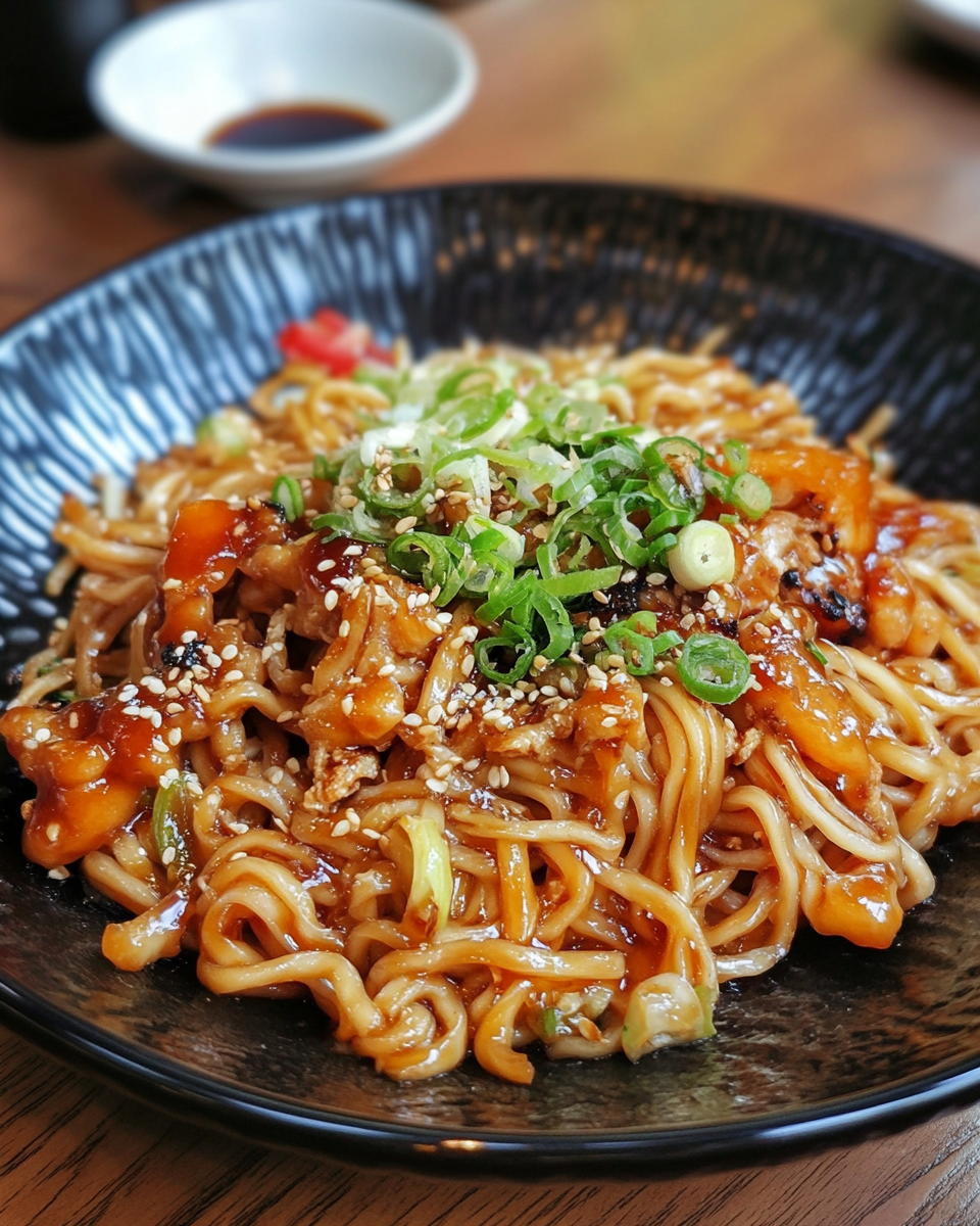 Steaming pressure cooker filled with teriyaki noodles and mixed vegetables
