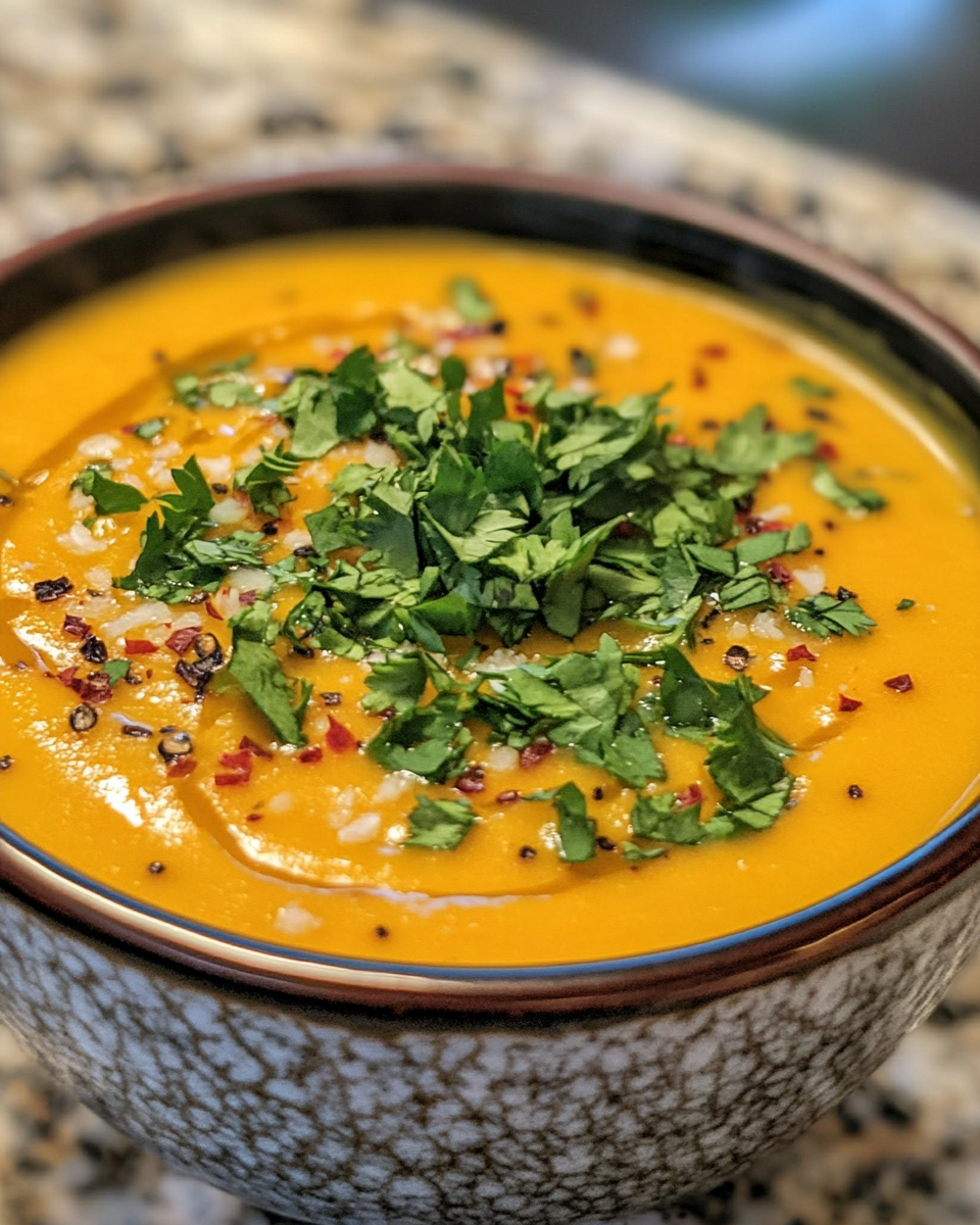 Bowl of creamy Thai butternut squash soup garnished with cilantro and chili flakes, ready to serve
