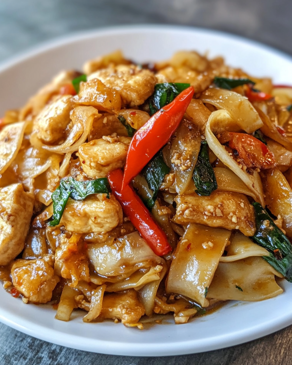 Preparing ingredients for Thai drunken noodles with chicken, bell peppers, and basil