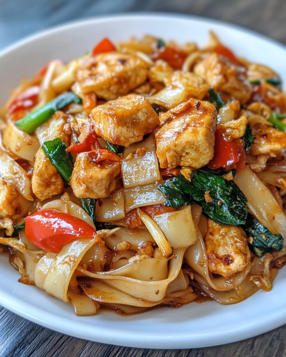 Bowl of Thai drunken noodles garnished with Thai basil and green onions