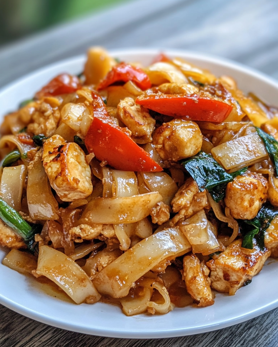 Close up of a bowl of Thai drunken noodles with rich spicy sauce in pressure cooker
