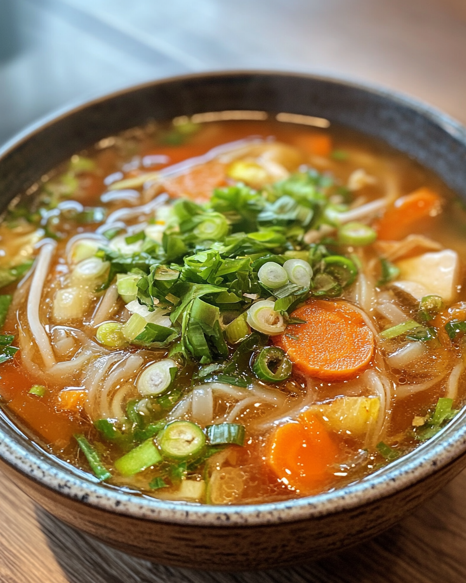 Close-up of a bowl of Thai vegetable noodle soup garnished and ready to eat