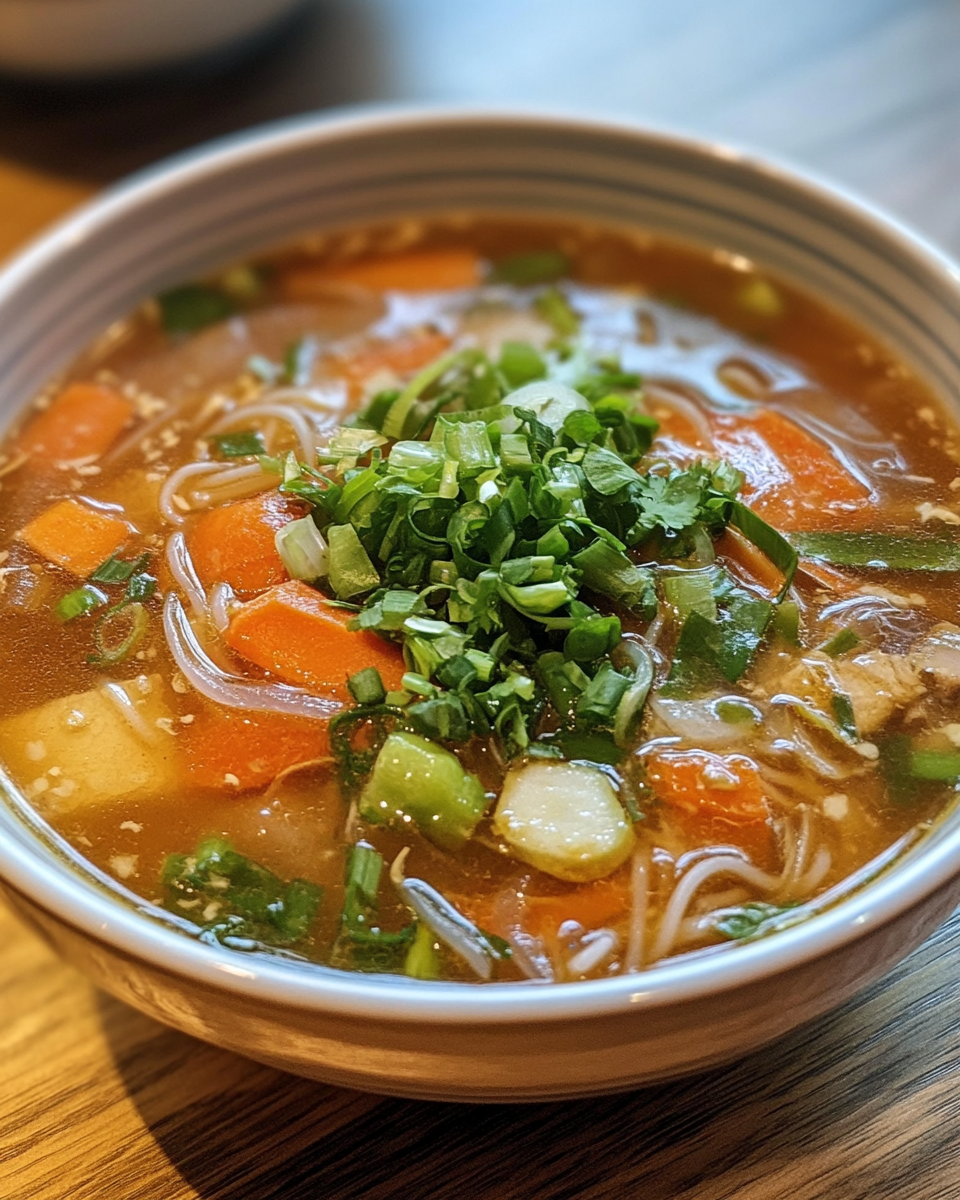 Steaming pressure cooker pot with Thai vegetable noodle soup inside