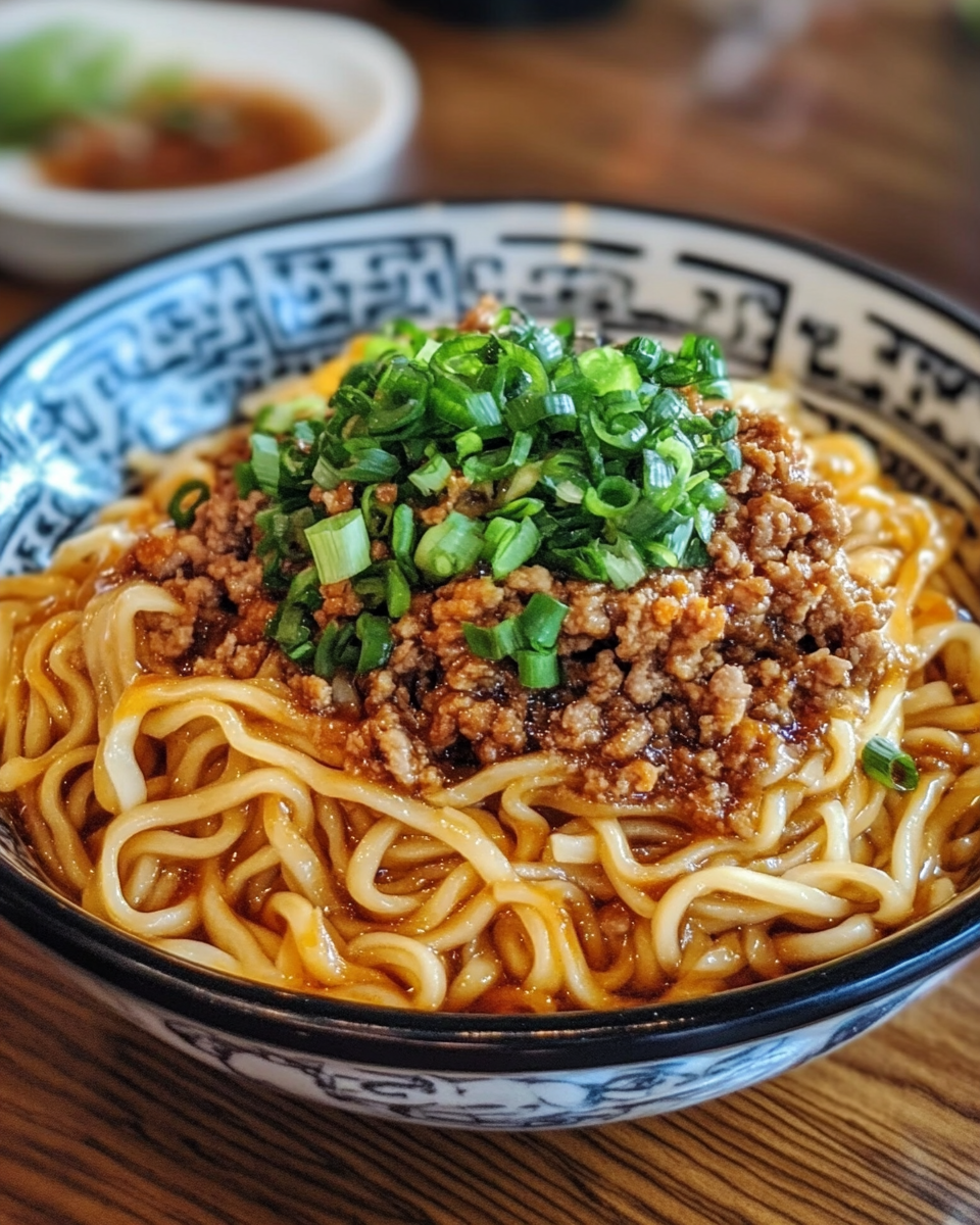 Final plated Dan Dan noodles garnished with green onions and black pepper