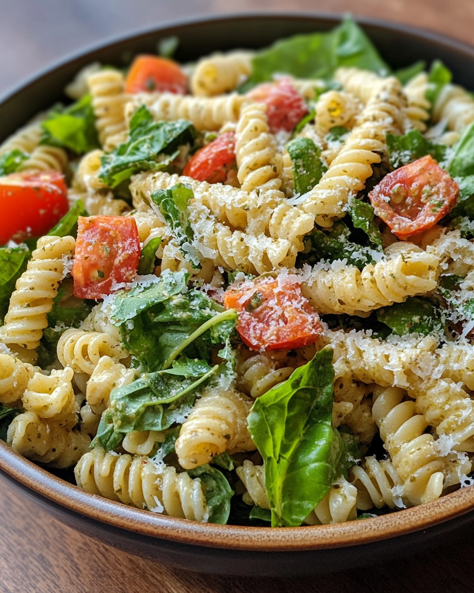 Finished Vegan Caesar Pasta Salad served in bowl with fresh ingredients