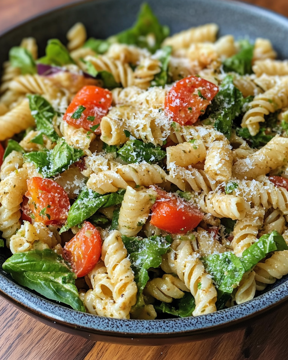 Vegan Caesar Pasta Salad fresh and creamy in bowl