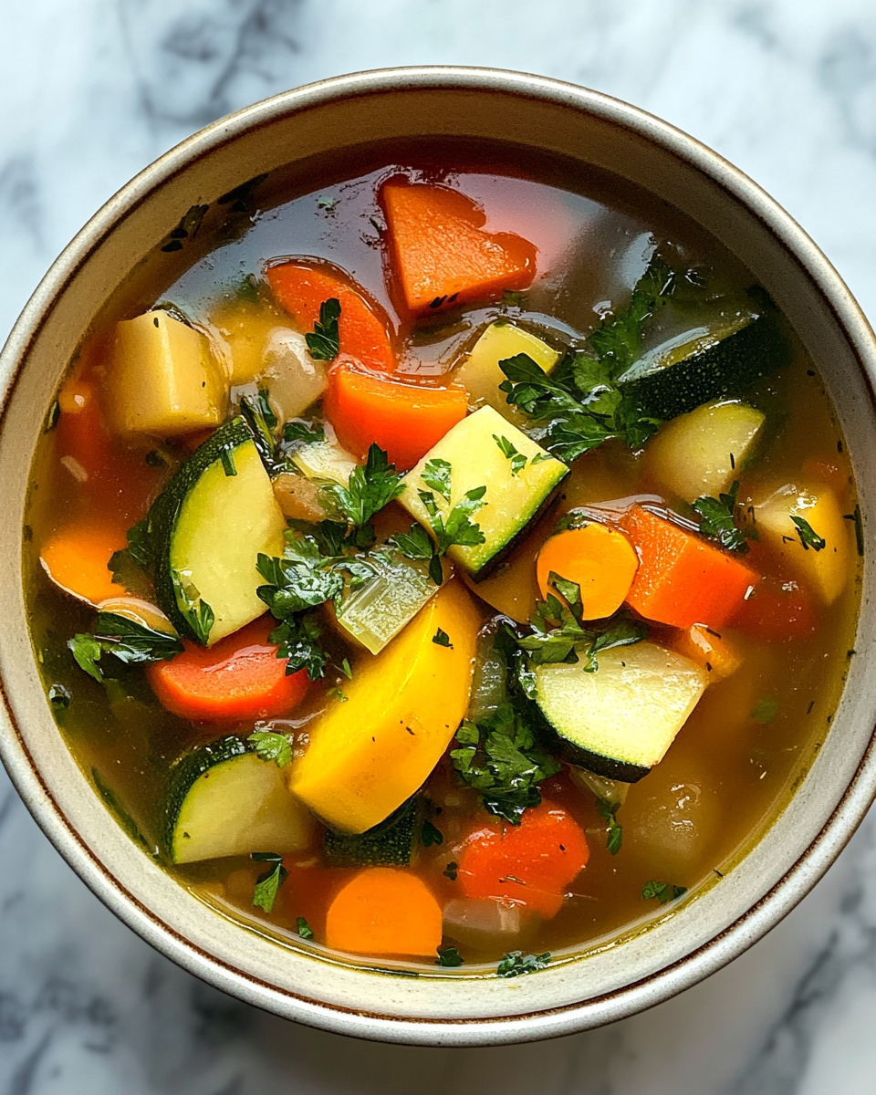 Fresh French vegetable soup steaming in pot with herbs and vegetables