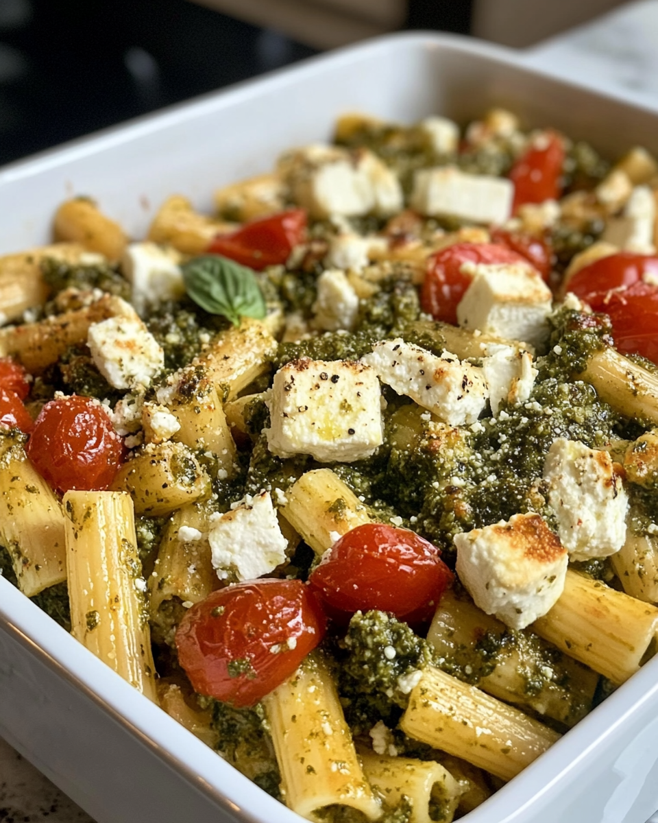 Ingredients for baked feta pasta showing cherry tomatoes, feta block, pasta and olive oil