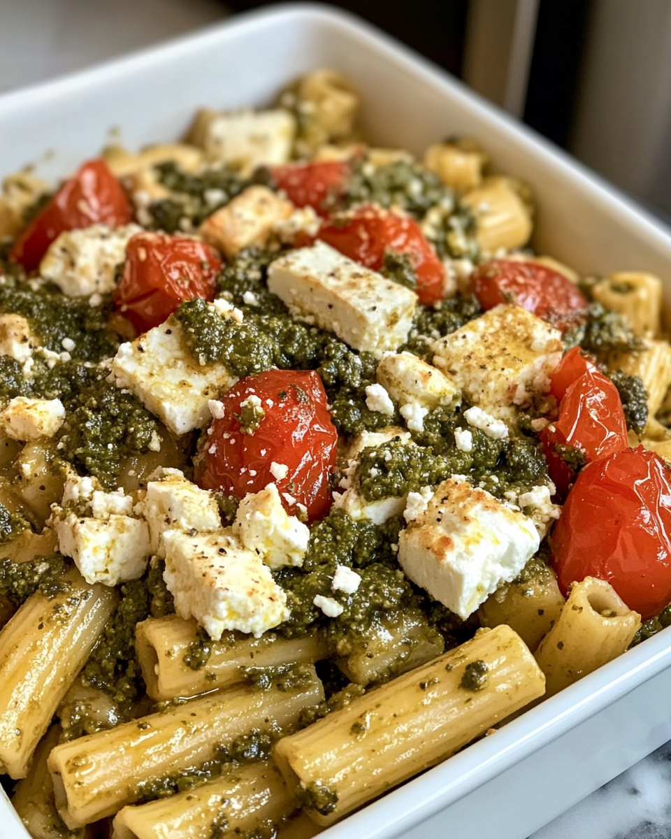 Finished baked feta pasta served on a plate garnished with basil