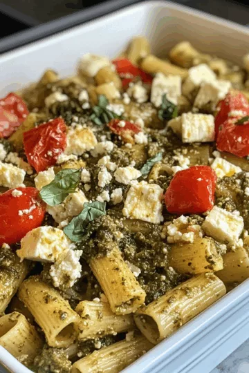 Tiktok Baked Feta Pasta with Pesto taken with iphone 15 pro max --iw 2 --ar 4:5 --v 6.1 --raw