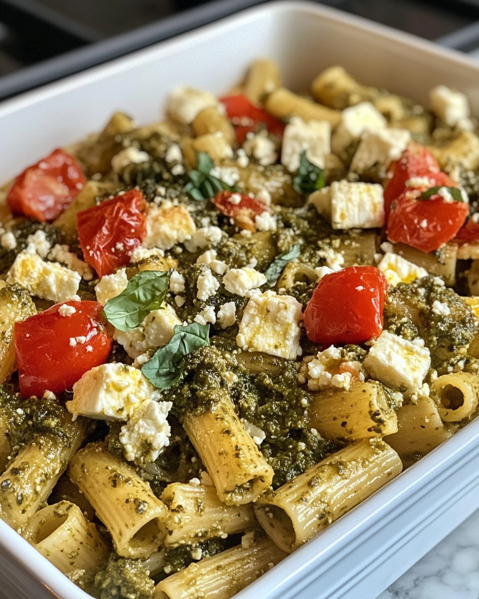 Close-up of baked feta pasta in the pressure cooker with pesto and cherry tomatoes