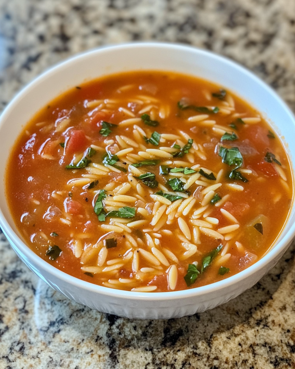 Ingredients for tomato orzo soup laid out before cooking