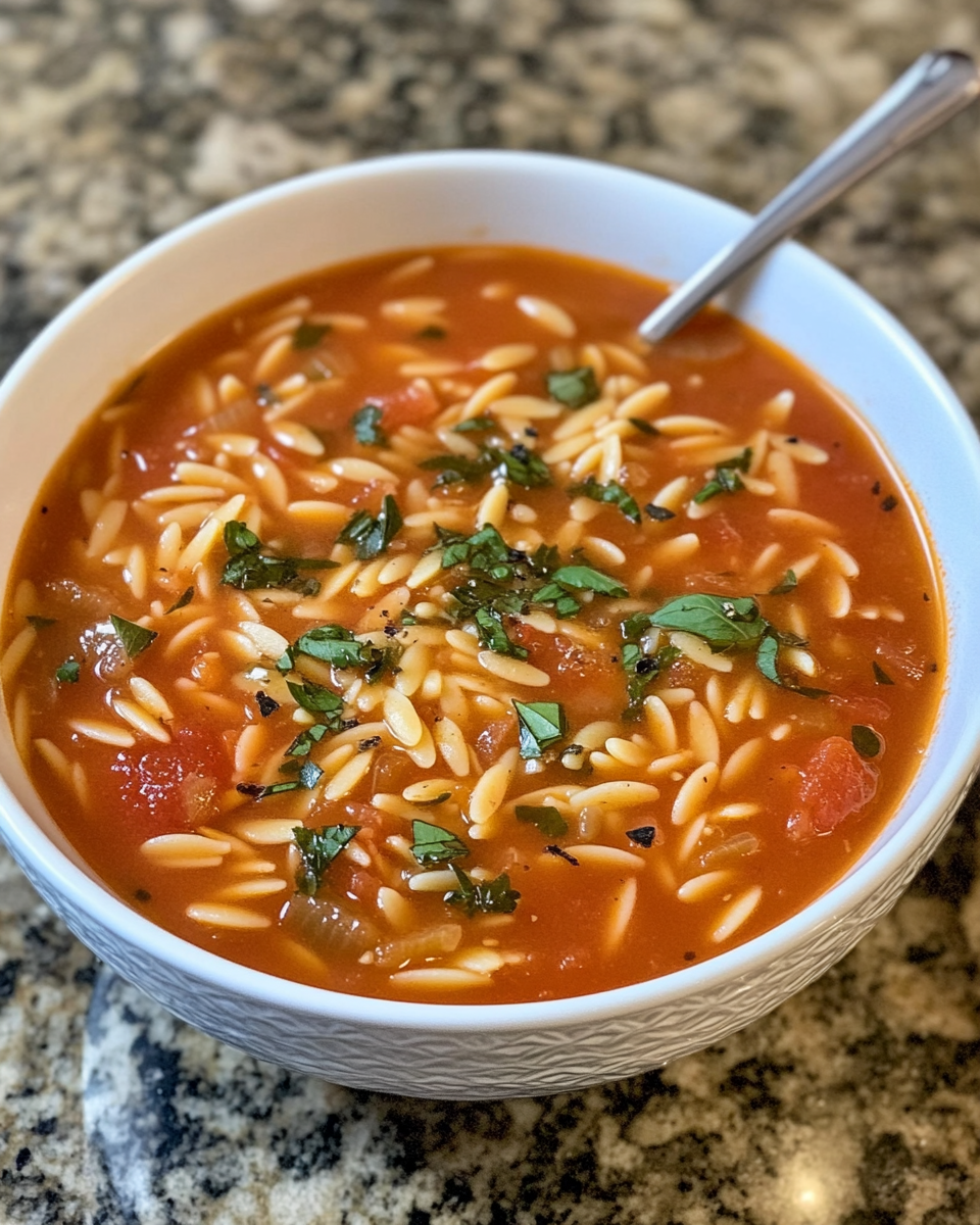 Creamy tomato orzo soup served in a bowl with fresh basil garnish