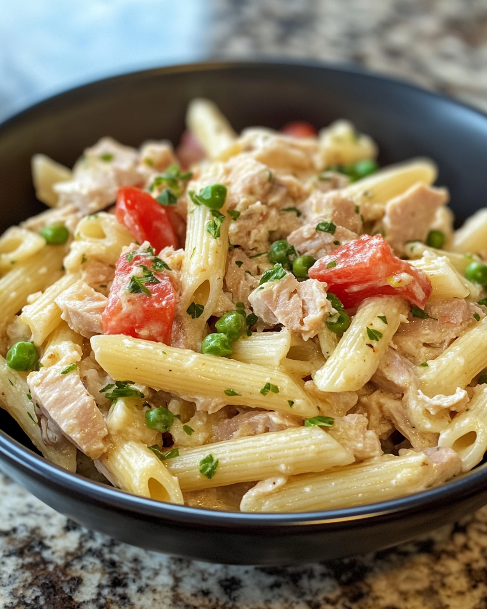 Ingredients for tuna pasta salad laid out on a kitchen counter