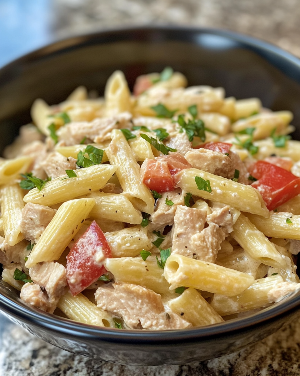 Served tuna pasta salad garnished with fresh herbs and ready to enjoy
