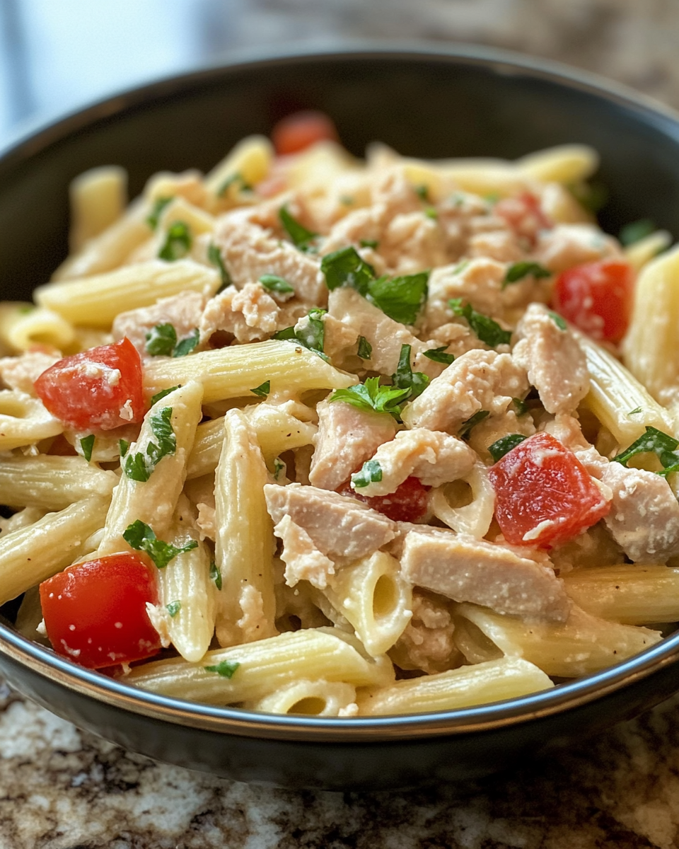 Freshly prepared tuna pasta salad in a bowl showcasing key ingredients