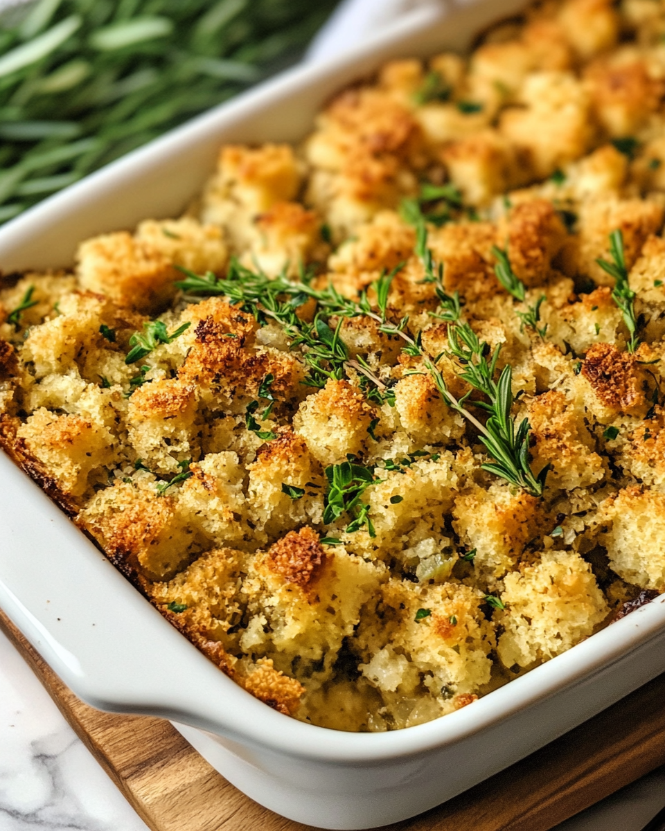 Ingredients mixed and spread out evenly in baking dish for turkey and stuffing casserole