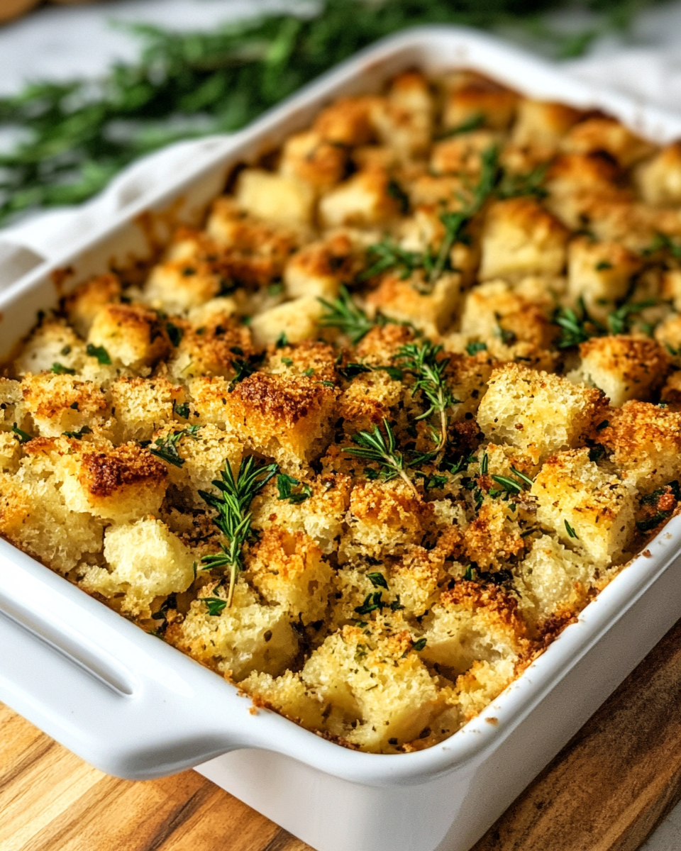 Closeup of turkey and stuffing casserole in a baking dish fresh from oven