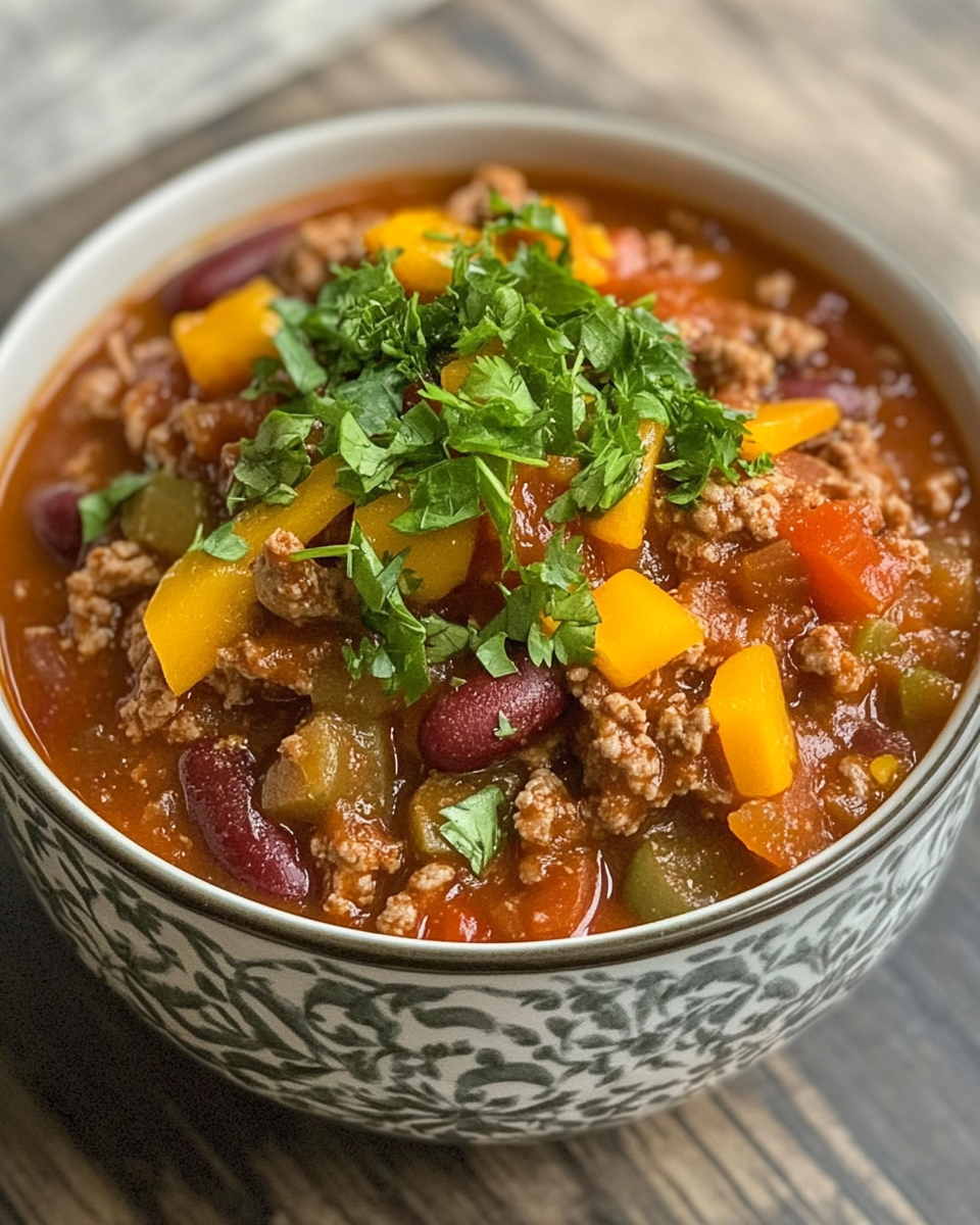 Bowl of turkey chili fresh from pressure cooker with vibrant vegetables and beans