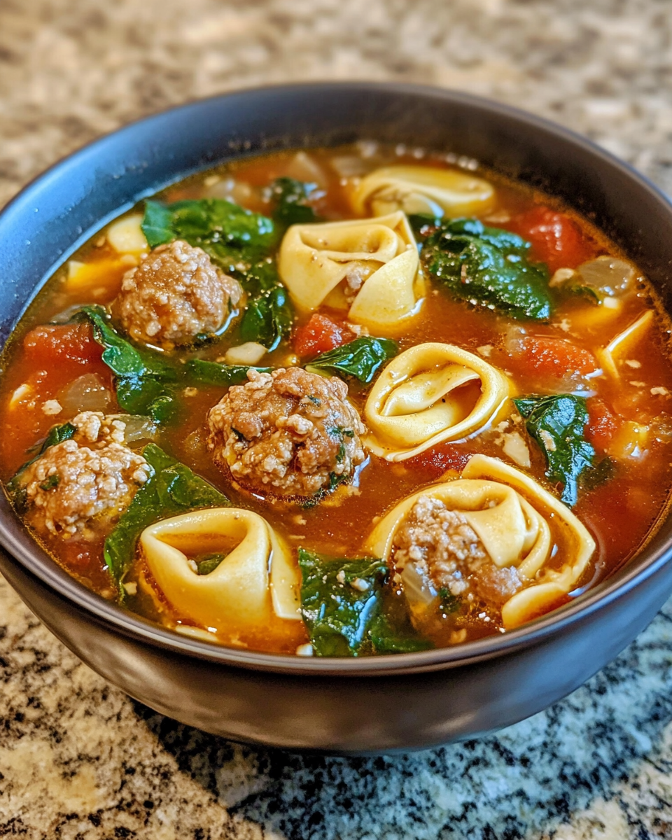 Bowl of turkey meatball tortellini soup with spinach ready to eat