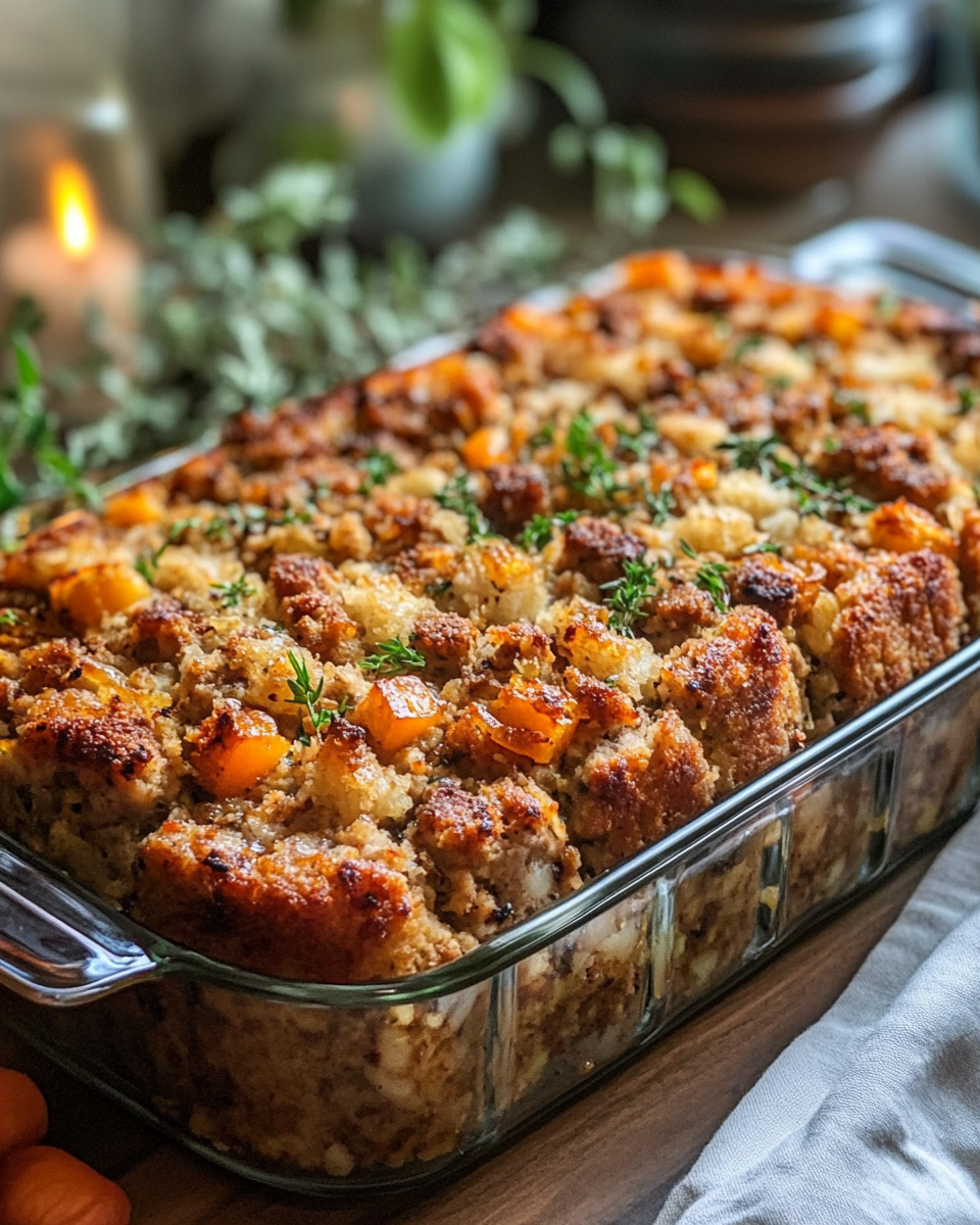 Slice of turkey stuffing meatloaf served with creamy chicken gravy