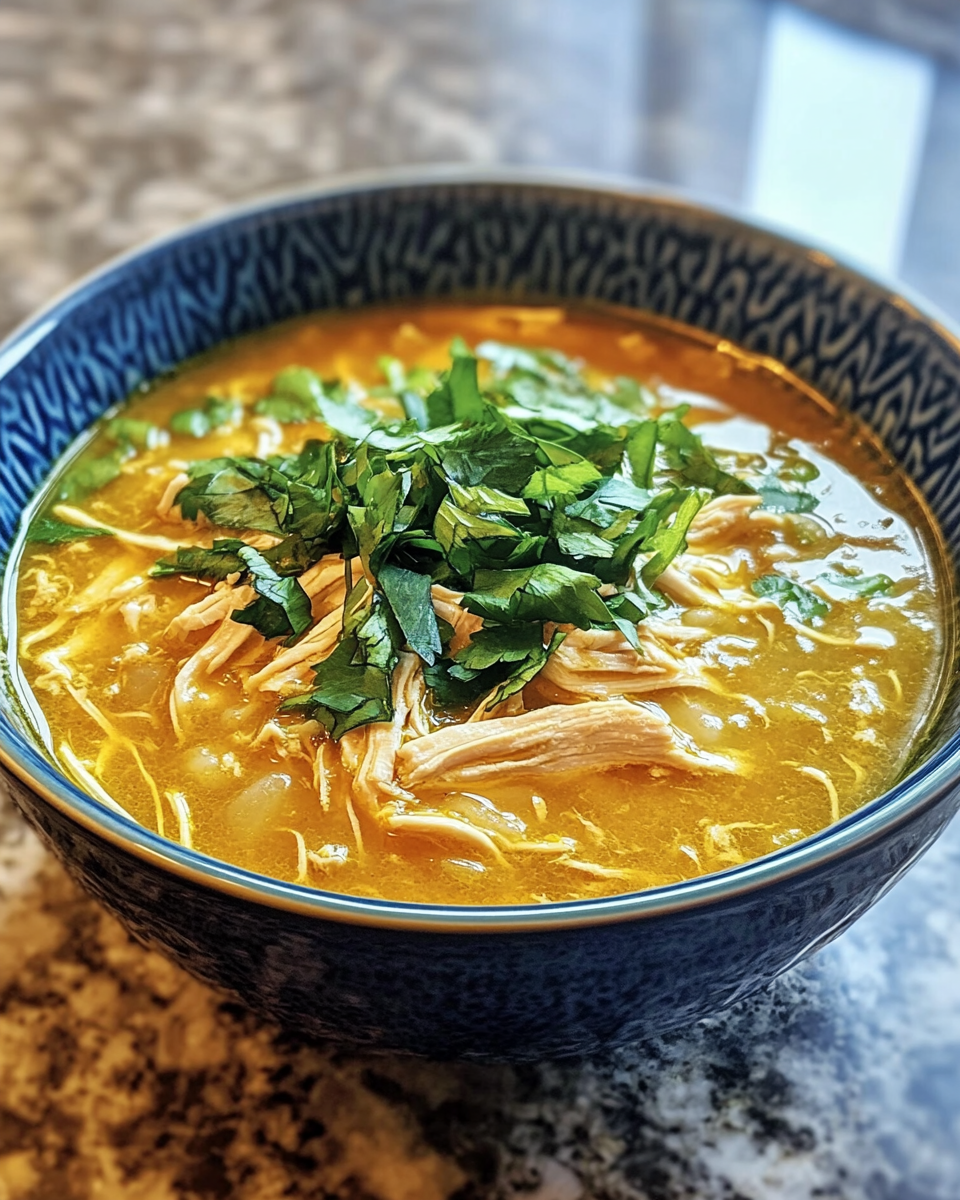 Finished bowl of turmeric ginger chicken noodle soup ready to serve