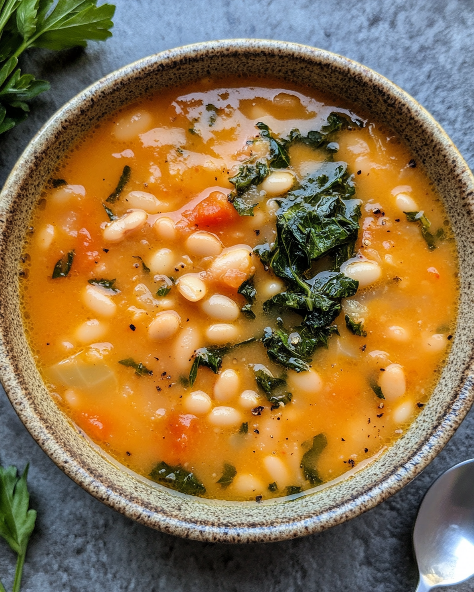 Bowl of creamy Tuscan white bean soup garnished with fresh parsley