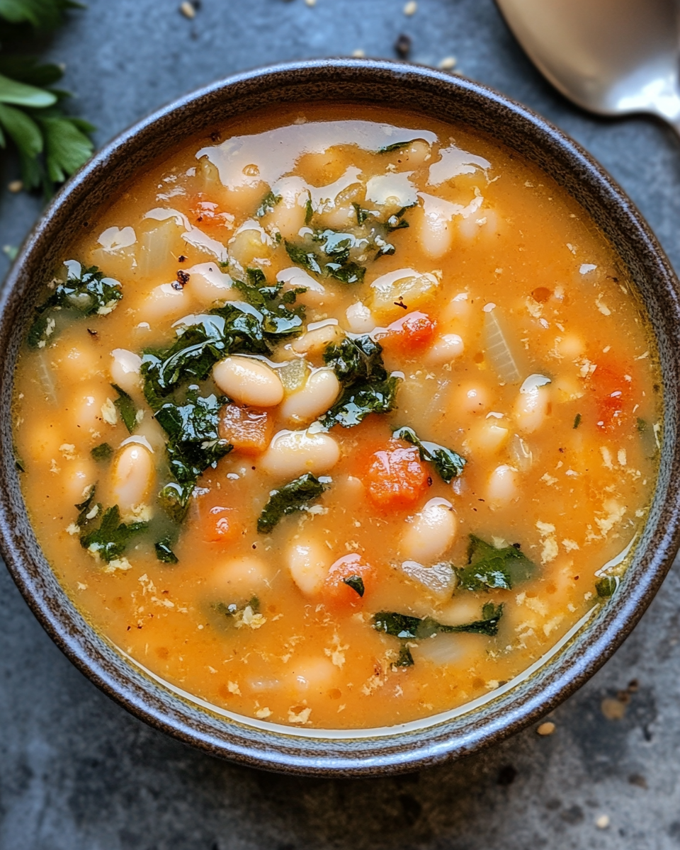 Steam rising from pressure cooker filled with Tuscan white bean soup