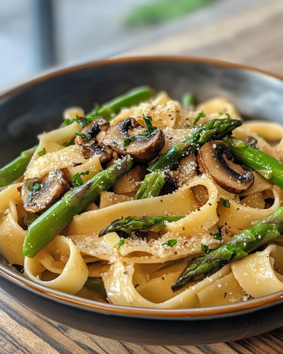 Close up of plated vegan asparagus and mushroom pasta ready to serve