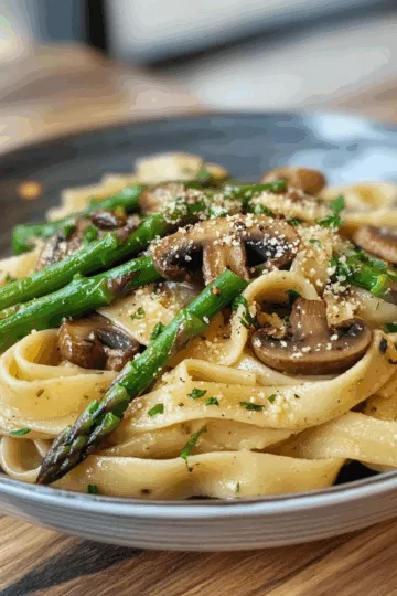 Vegan Asparagus and Mushroom Pasta taken with iphone 15 pro max --iw 2 --ar 4:5 --v 6.1 --raw