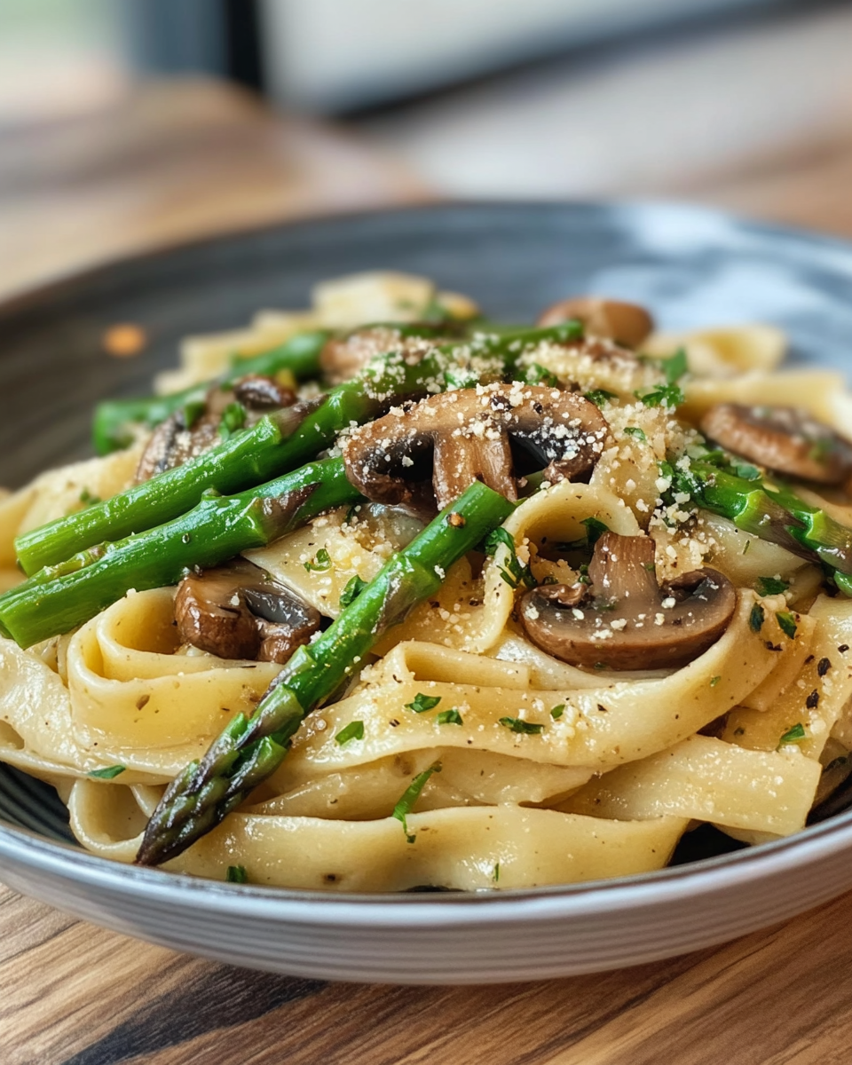 Steaming pressure cooker ready with vegan asparagus and mushroom pasta