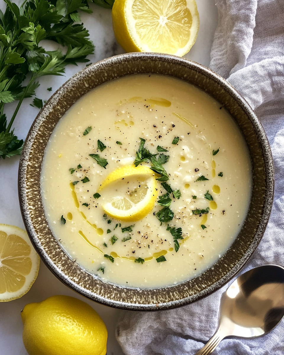 Ingredients for vegan avgolemono soup including chickpeas, orzo, and lemon in bowl