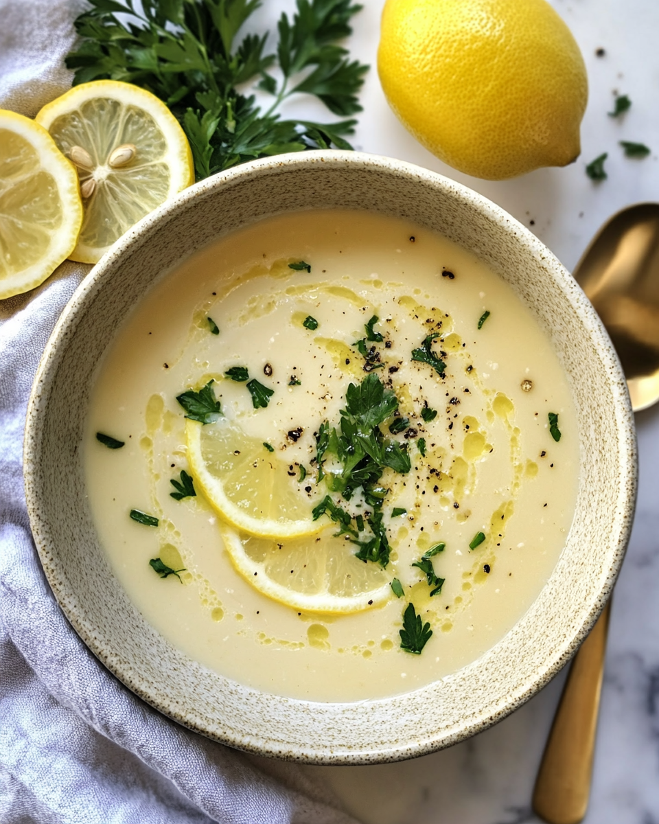 Served bowl of vegan avgolemono soup garnished with fresh dill